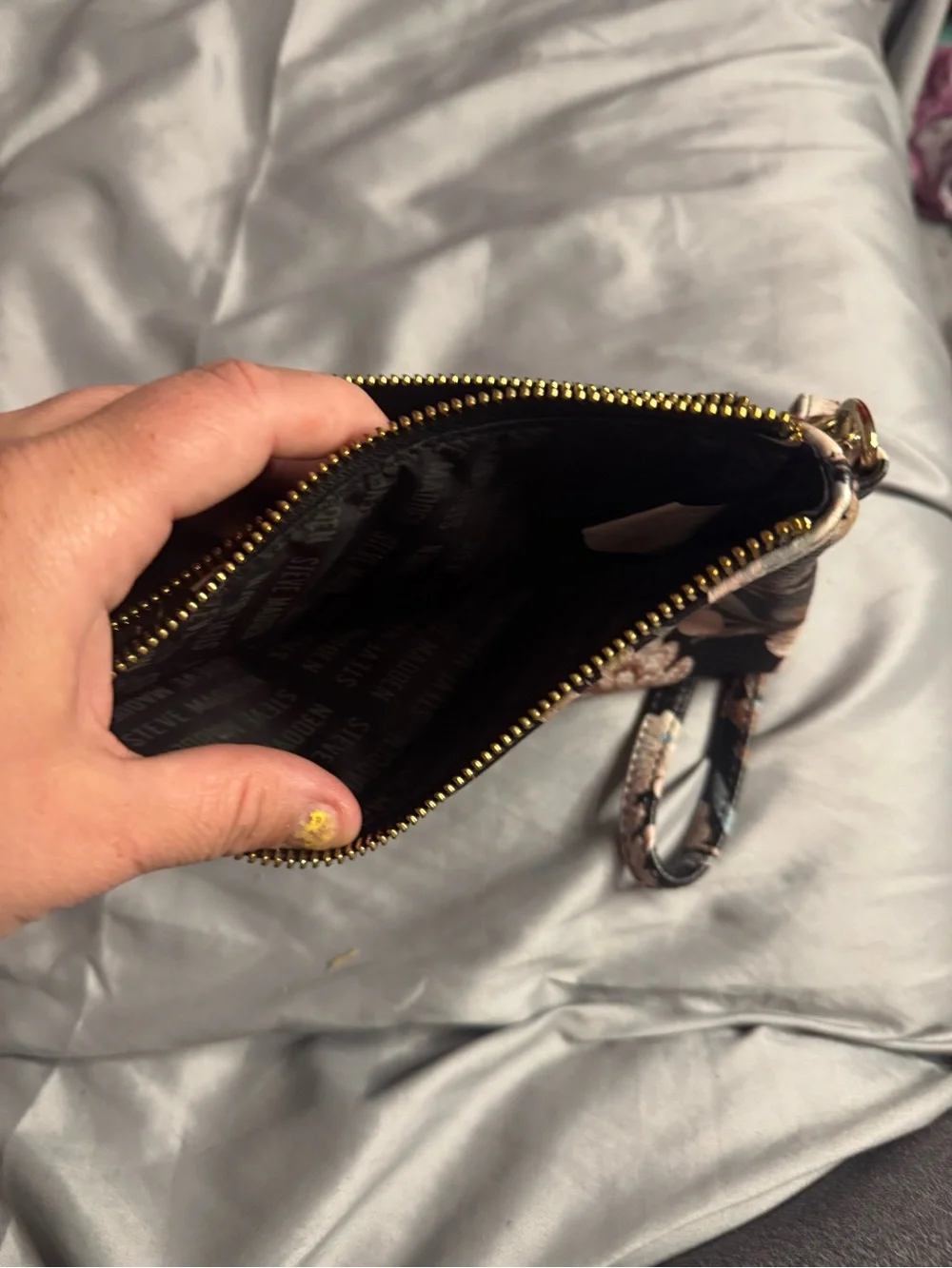Steve Madden Black Floral Wristlet Crossbody with Gold Accent